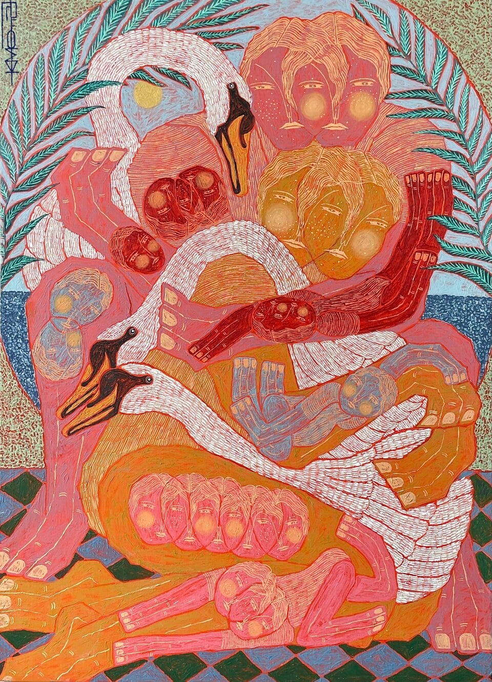 a vibrant work of people and swans in a mishmash of limbs. the color palette is largely orange, pink, and red