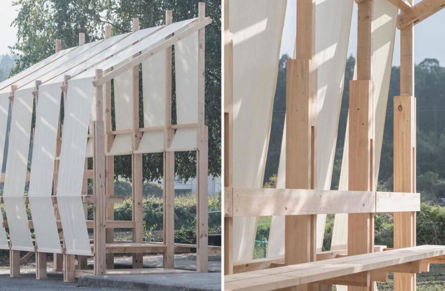 translucent fabrics cover alpendre modular wooden installation's frame