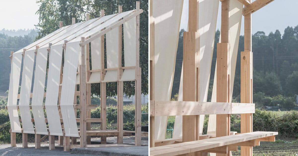 translucent fabrics cover alpendre modular wooden installation's frame
