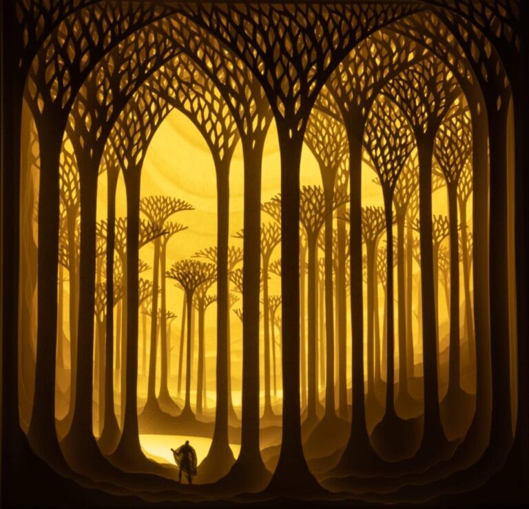 an intricate papercut world with a tiny figure wandering through tall trees. the piece is backlit by warm yellow light