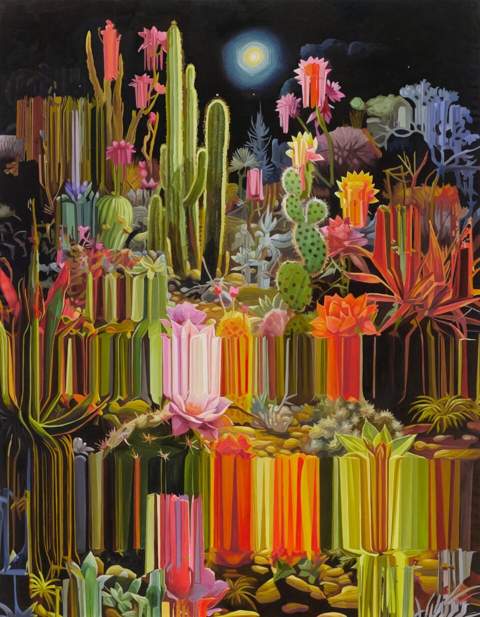 a vibrant desert landscape that stretches into digital glitches