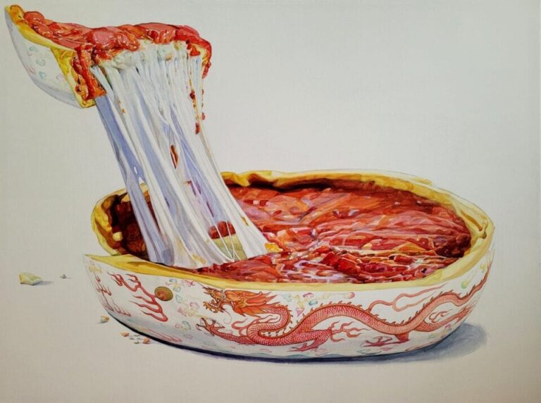 a painting of a deep dish pizza with a red and white dragon porcelain style motif on the crust