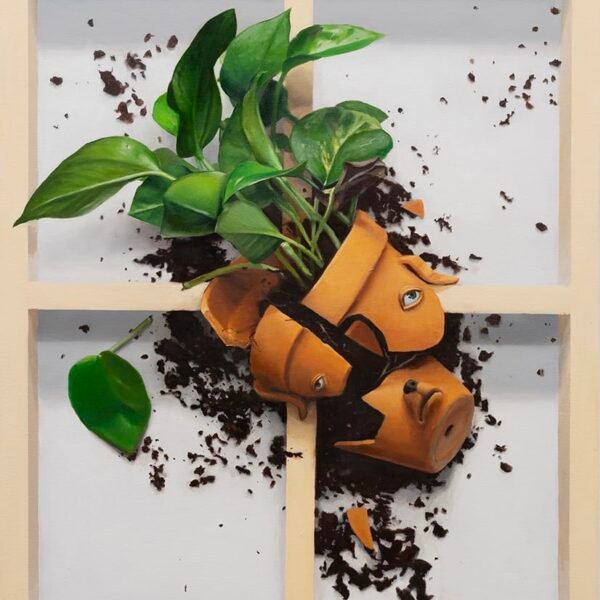 a trompe-l'oeil painting of a broken houseplant—the pot with a dog's face on it—on a painting's stretcher bars