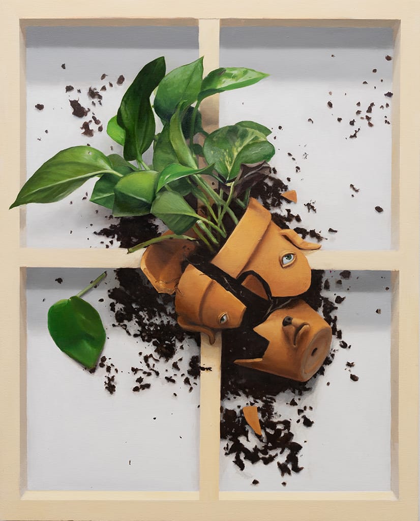 a trompe-l'oeil painting of a broken houseplant—the pot with a dog's face on it—on a painting's stretcher bars