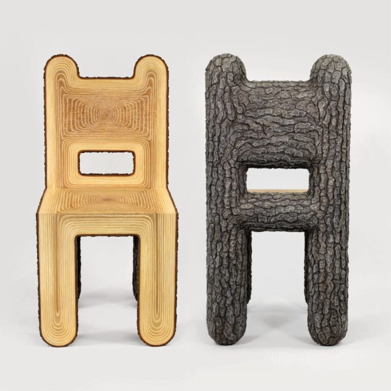 Uncanny Objects by Joyce Lin Blur Distinctions Between Reality and the Fantastical 30 two views of a sculptural chair that looks as though it has been carved directly out of the middle of a tree, with bark on the back