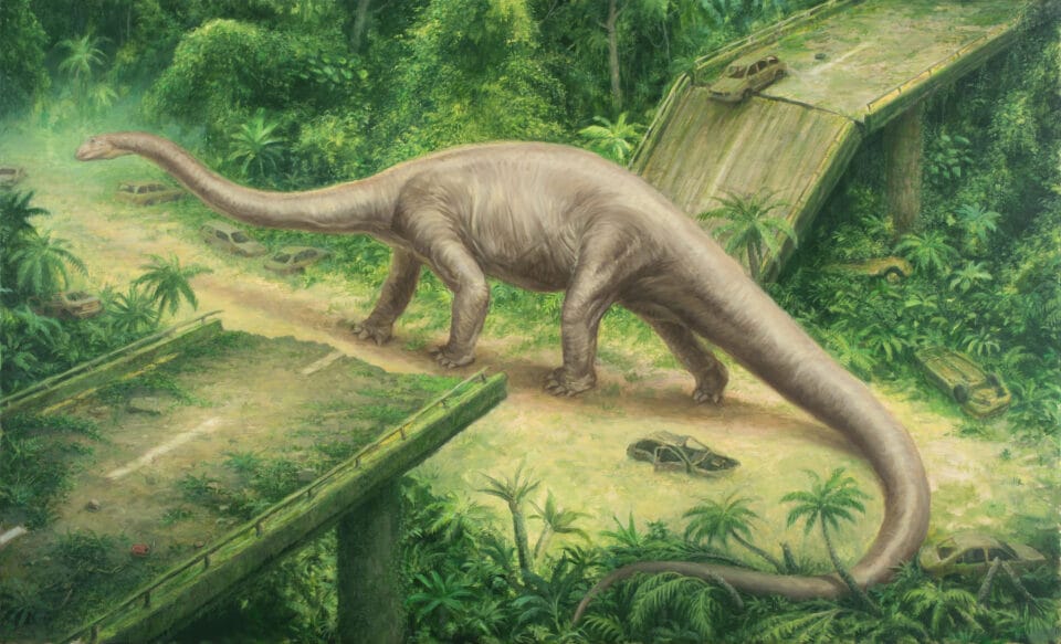 يقف Brachiosaurus بين جانبي طريق سريع متهالك ومهجور