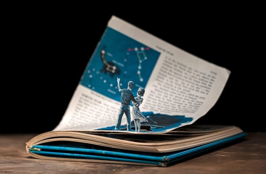 A young boy and girl look upward, pointing at what would be the sky. The two figures emerge three-dimensionally from a book page.