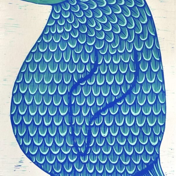 a woodblock print of a plump penguin in blue and teal. its feathers are patterned with lines