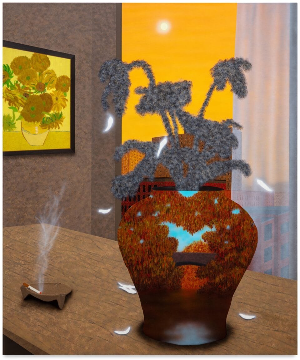 لوحة أكريليك رأسية تتميز بمزهرية على طاولة بالقرب من النافذة ، ويحتوي المزهرية على مشهد رسمه فنسنت فان جوخ ، كما لو كان بوابة تقريبًا