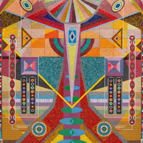 detail of a vibrant geometric mural made of mosaic