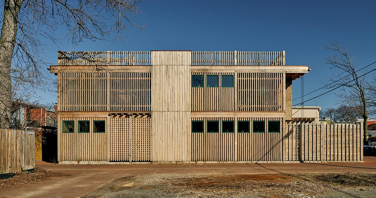 BLDUS wraps brown house in patchwork of cork, copper + bamboo