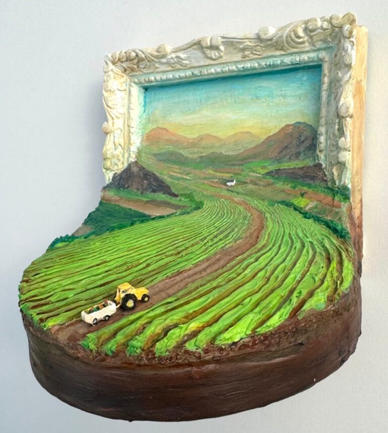 From Miniature to Massive, Boundless Landscapes Spill Out of Frame in Barry Hazard’s Paintings 28 a miniature painting depicting a farm landscape spilling out of the ornate frame