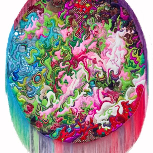 Home En 51 an abstract, oval composition made from quilted textile with a colorful fringe bordering the bottom