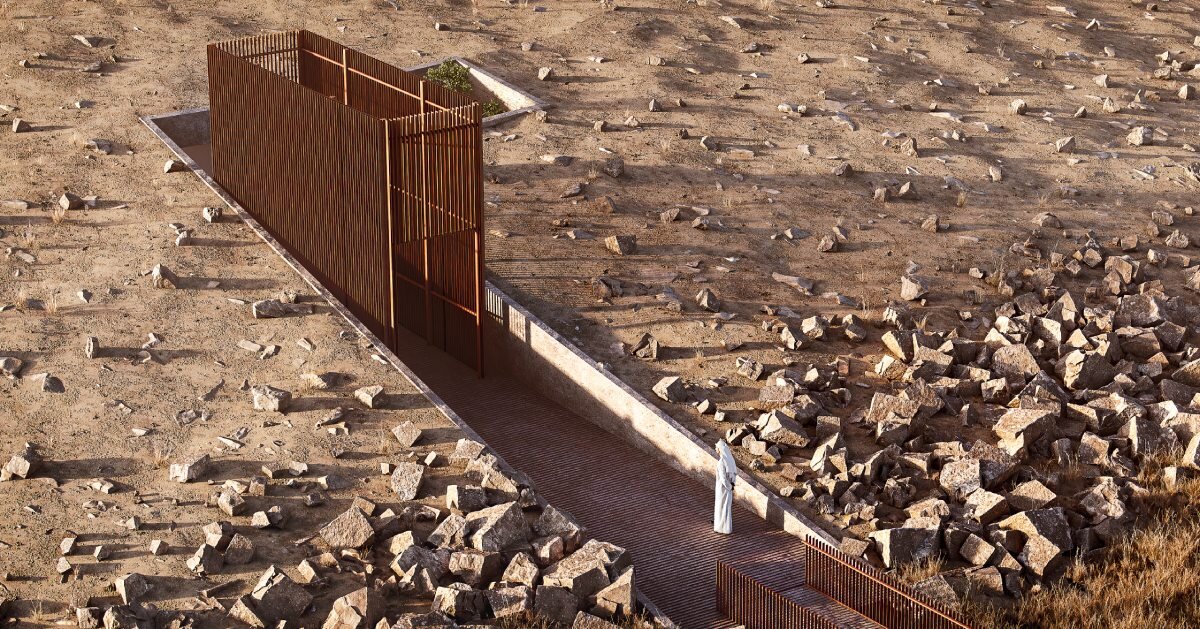 pragma. carves rock art visitors center into rugged terrain in UAE