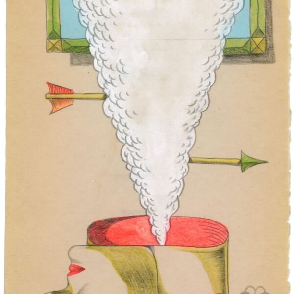 a vintage book page with an illustration of an upside-down head with steam coming from its neck and an arrow shot through the steam column