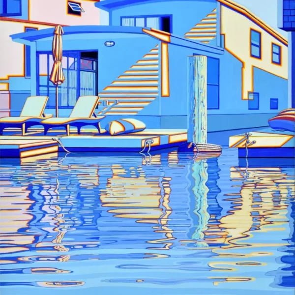 Saturated, mostly blue painting of a house on a dock with yellow and orange sunlight striping the building.