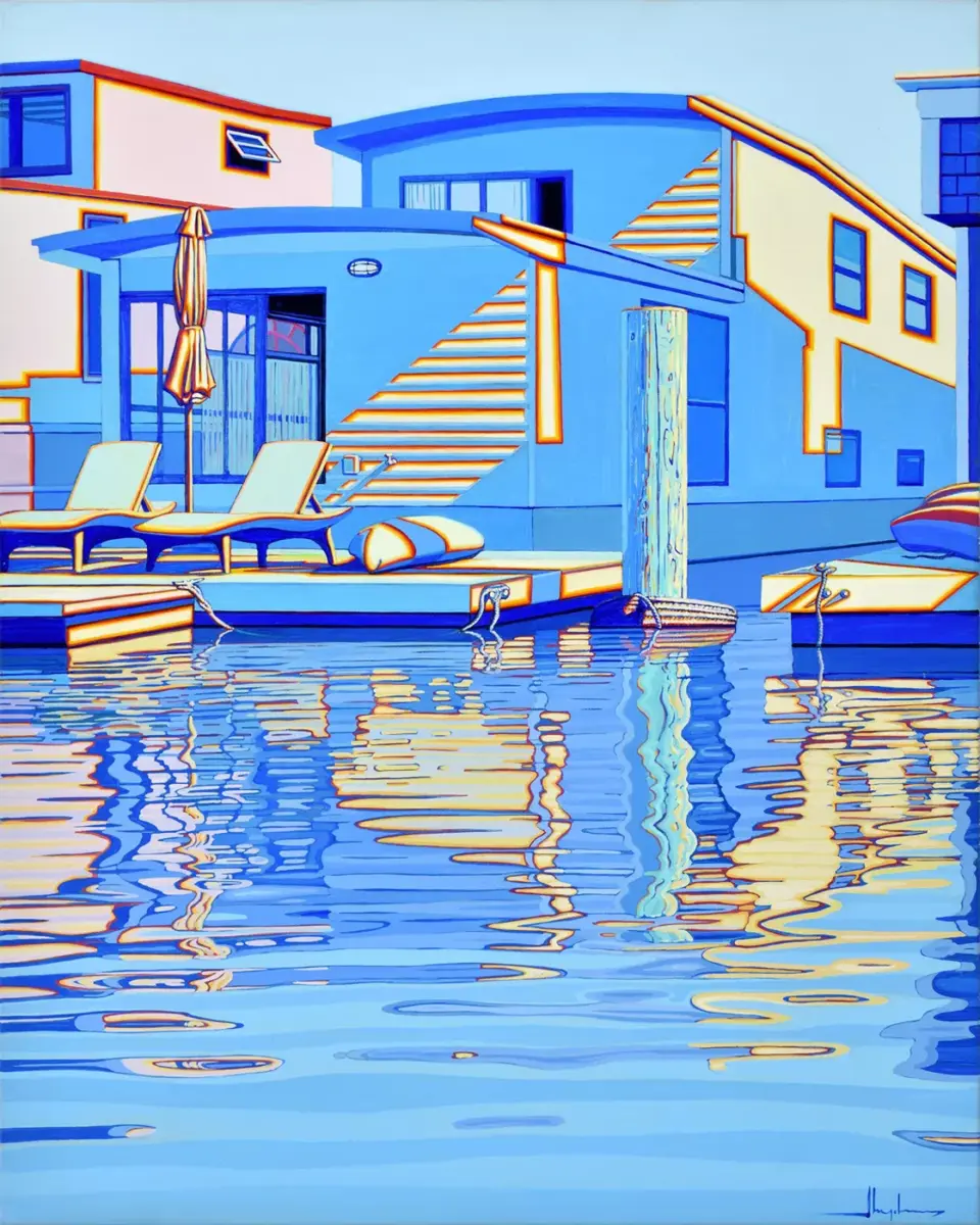 Saturated, mostly blue painting of a house on a dock with yellow and orange sunlight striping the building.