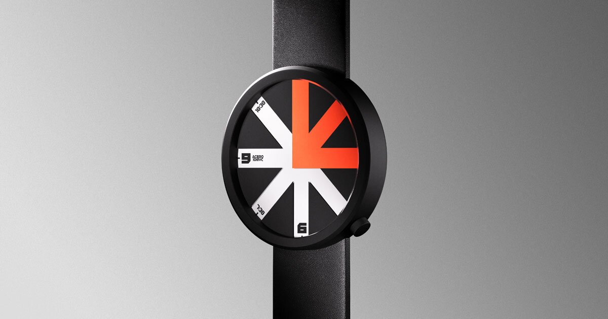 colored arrow dial rotates over eight transparent dividers in ion lucin's arrowatch 1 colored arrow dial rotates over eight transparent dividers in ion lucin's arrowatch