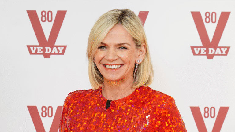 Zoe Ball in red sequin dress at VE Day 2025 celebrations.