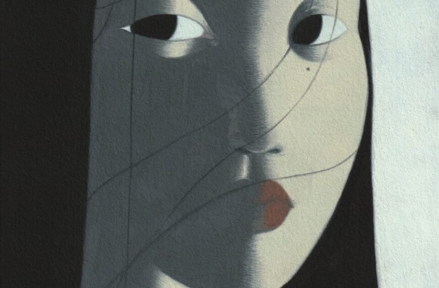 صورة عمودية مبسطة لامرأة آسيوية ذات شعر أسود طويل ، مع ظل مظلم على جانب واحد من وجهها