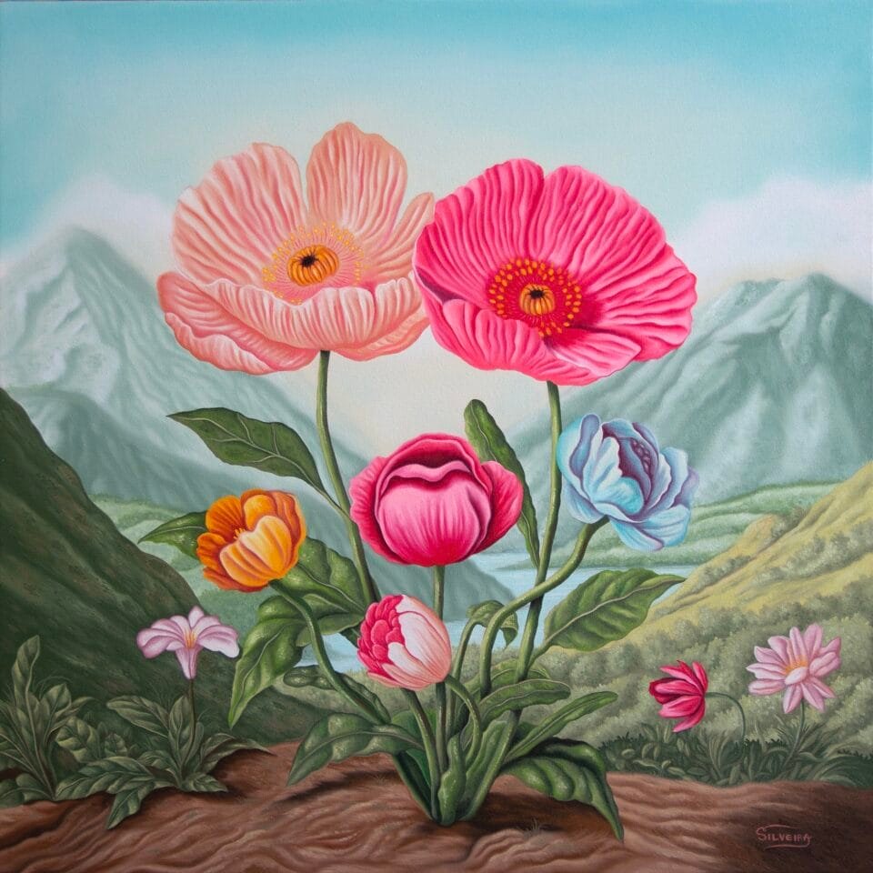 a surreal oil painting of a portrait made from flowers that resemble eyes and a mouth