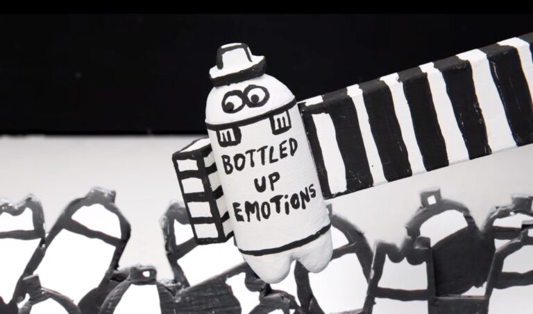 a still from a black-and-white animation showing a bottle labeled 