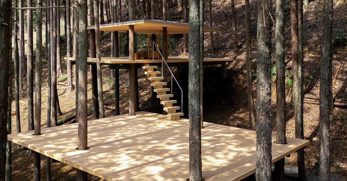 tree trunks pierce through sauna shelter by DAICHI in japan