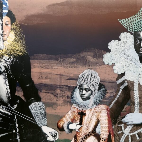 a mixed-media collage of Black figures wearing historic European gowns and ruffs