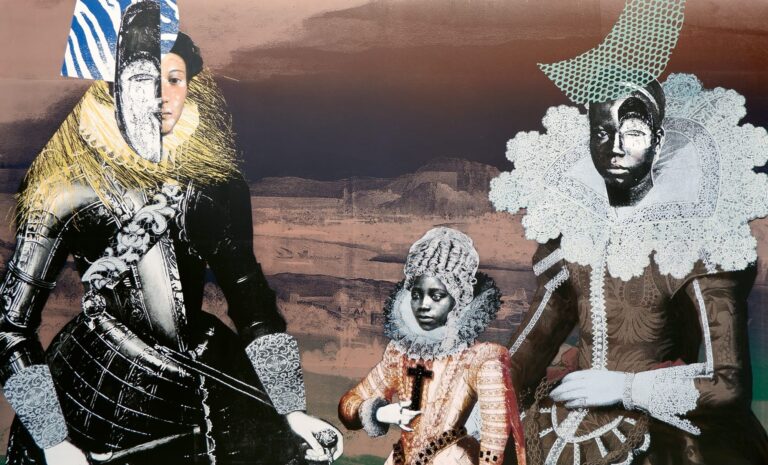 a mixed-media collage of Black figures wearing historic European gowns and ruffs