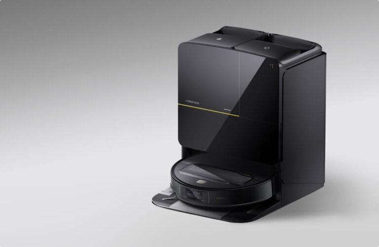 The Saros Z70 robotic vacuum cleaner at home in its dock