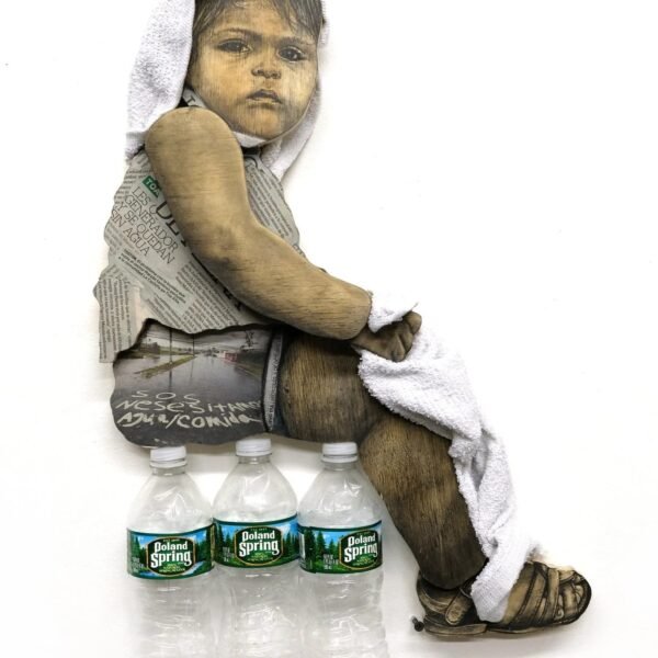 Home En 47 a portrait of a child sitting on three plastic water bottles with a white cloth towel over their head