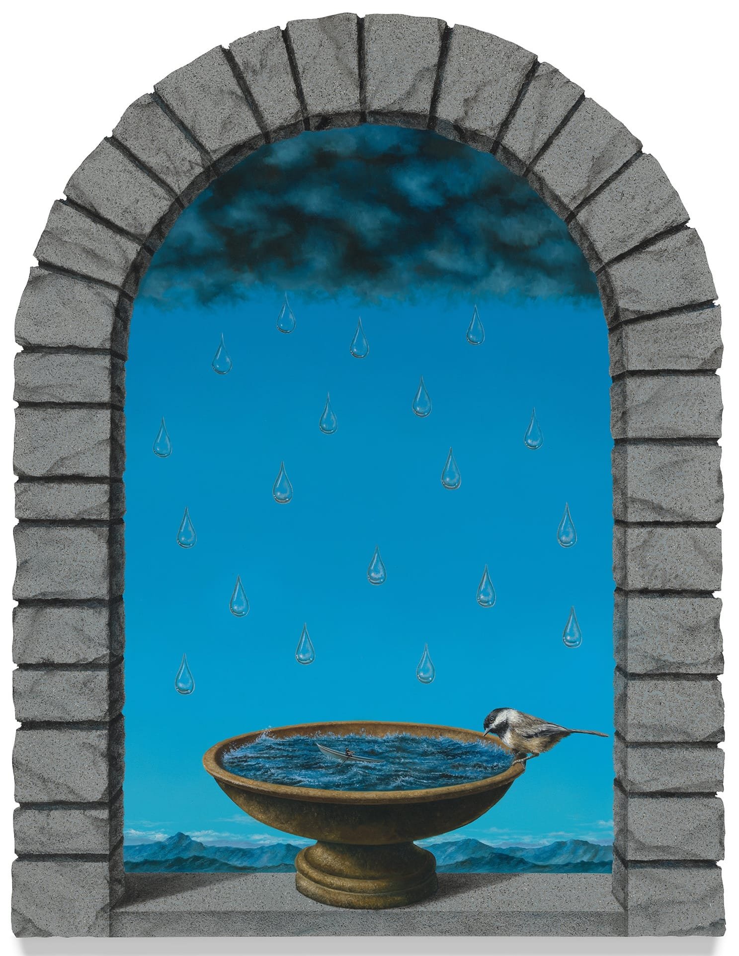 a surreal painting by Joseph Renda Jr. framed by a stone arch motif, with a bird bath in the bottom and a blue sky