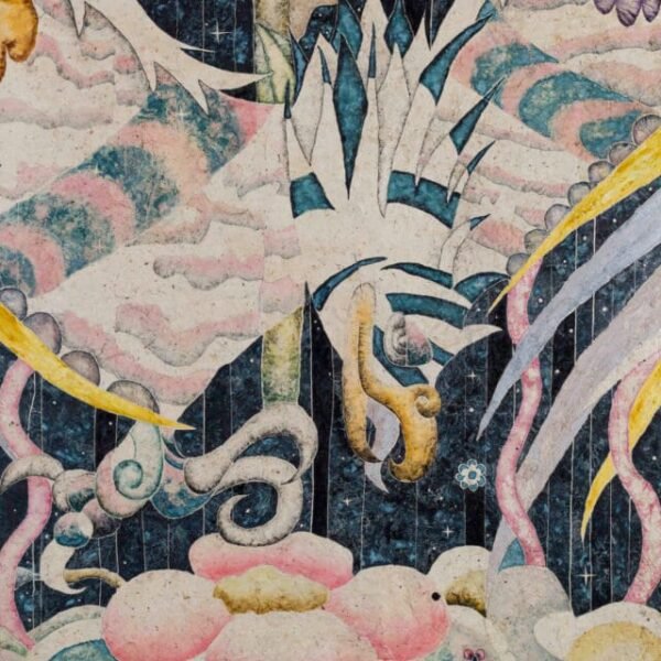 detail of a natural pigment painting by Omar Mendoza, featuring cosmic symbols and visual motifs evoking Mesoamerican ancestry