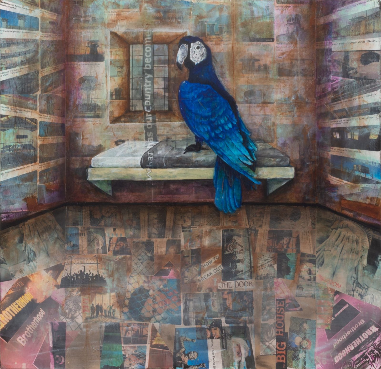 Gilberto Rivera’s ‘Jailbirds’ Imagine Freedom Within Confinement 1 a mixed-media collage by Gilberto Rivera of a blue parrot perched on a jail bed inside a cell covered in imagery