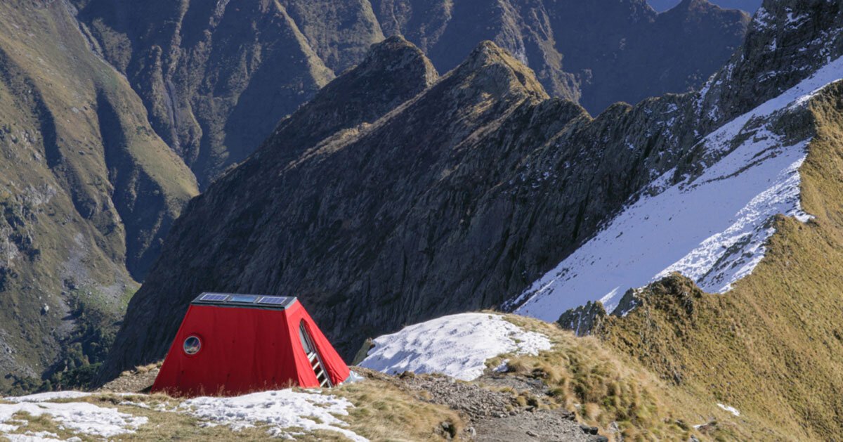 bergamo's modern art gallery embeds red bivouac shelter on the alps 1 bergamo's modern art gallery embeds red bivouac shelter on the alps