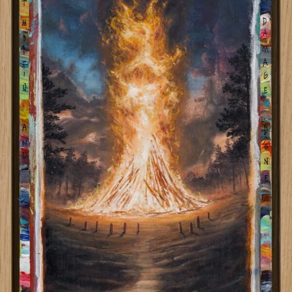 A framed vertical painting by Gideon Kiefer of a bonfire with some notations and color swatches around the edges