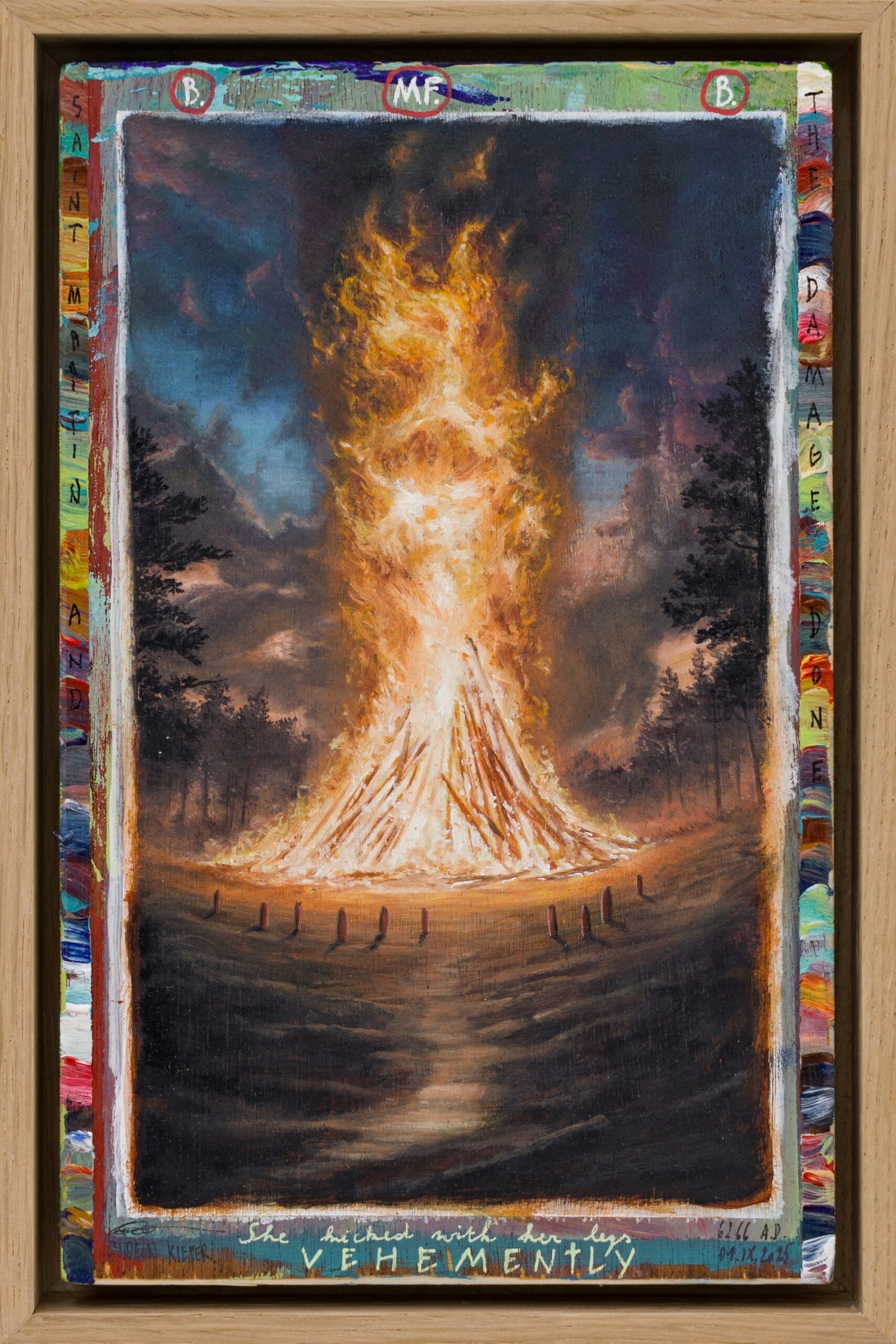 A framed vertical painting by Gideon Kiefer of a bonfire with some notations and color swatches around the edges