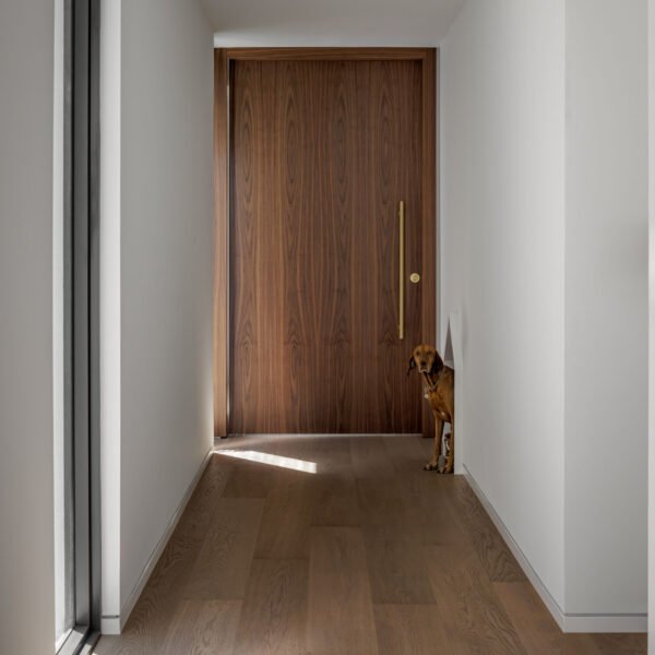 A tall wood door creates a minimal, welcoming approach.