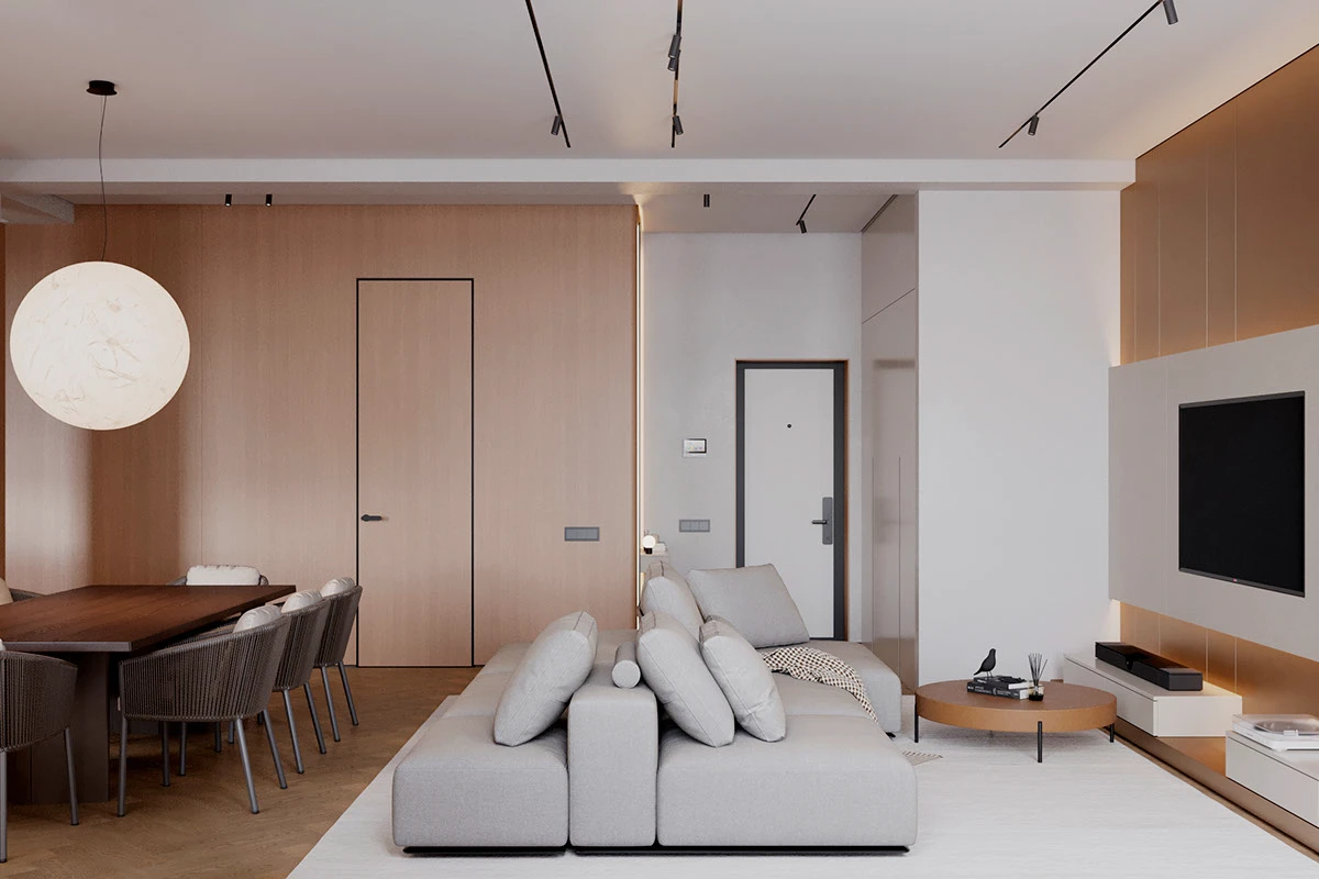 المشي عبر المنزل الكنتوري، تصميم داخلي ناعم ومحايد ذو منحنيات معمارية 1 double sided sofa