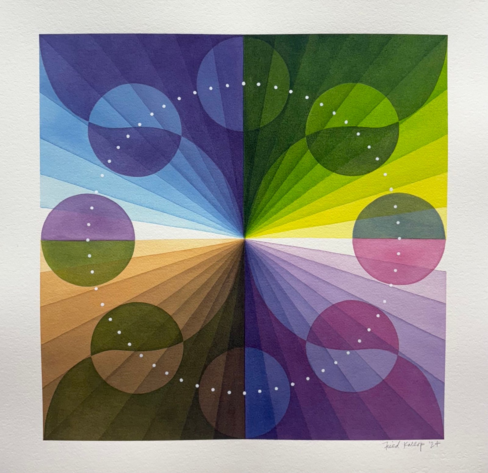 عمل تجريدي لفيلد كالوب مع دوائر وخطوط تحدد التدرج السلس للألوان