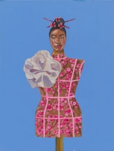 A painting by Glenn Hardy Jr. of a female mannequin with a cherry blossom pattern, set against a periwinkle background, with a real Black woman's head atop the structure, looking directly at the viewer
