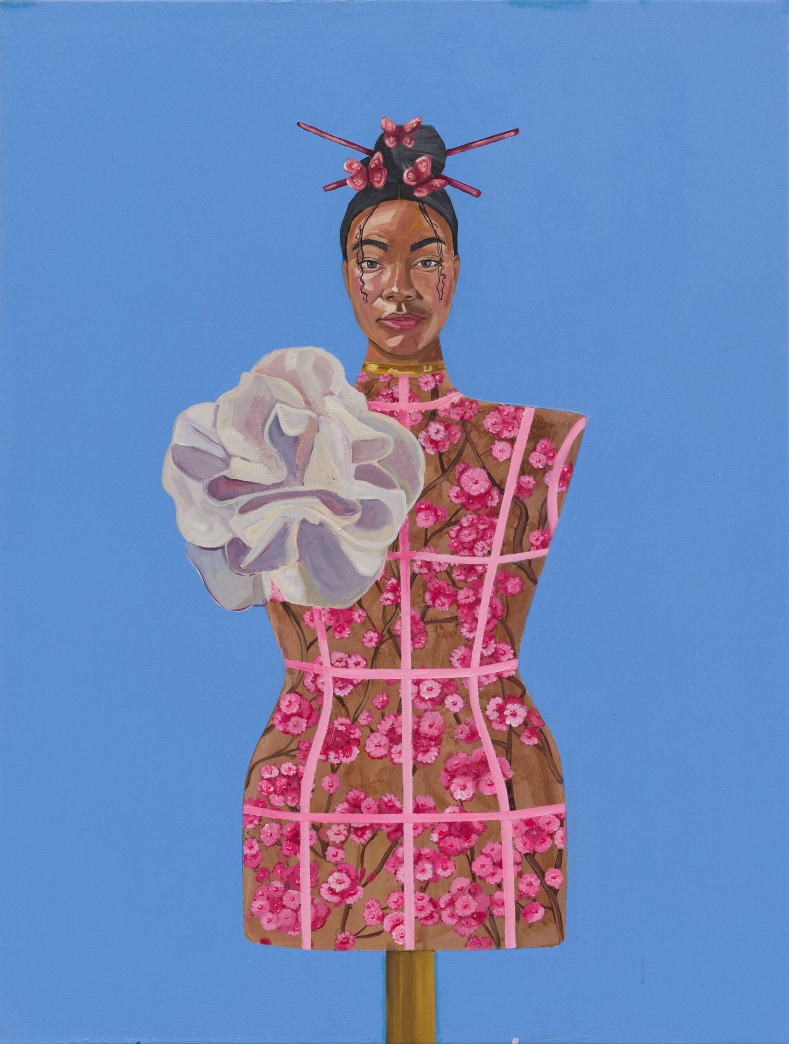 A painting by Glenn Hardy Jr. of a female mannequin with a cherry blossom pattern, set against a periwinkle background, with a real Black woman's head atop the structure, looking directly at the viewer