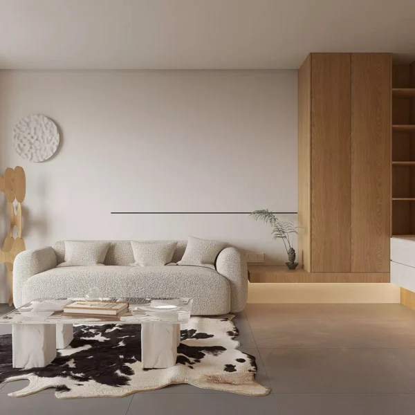 شقة بسيطة ذات جدران منحنية وألواح من خشب البلوط