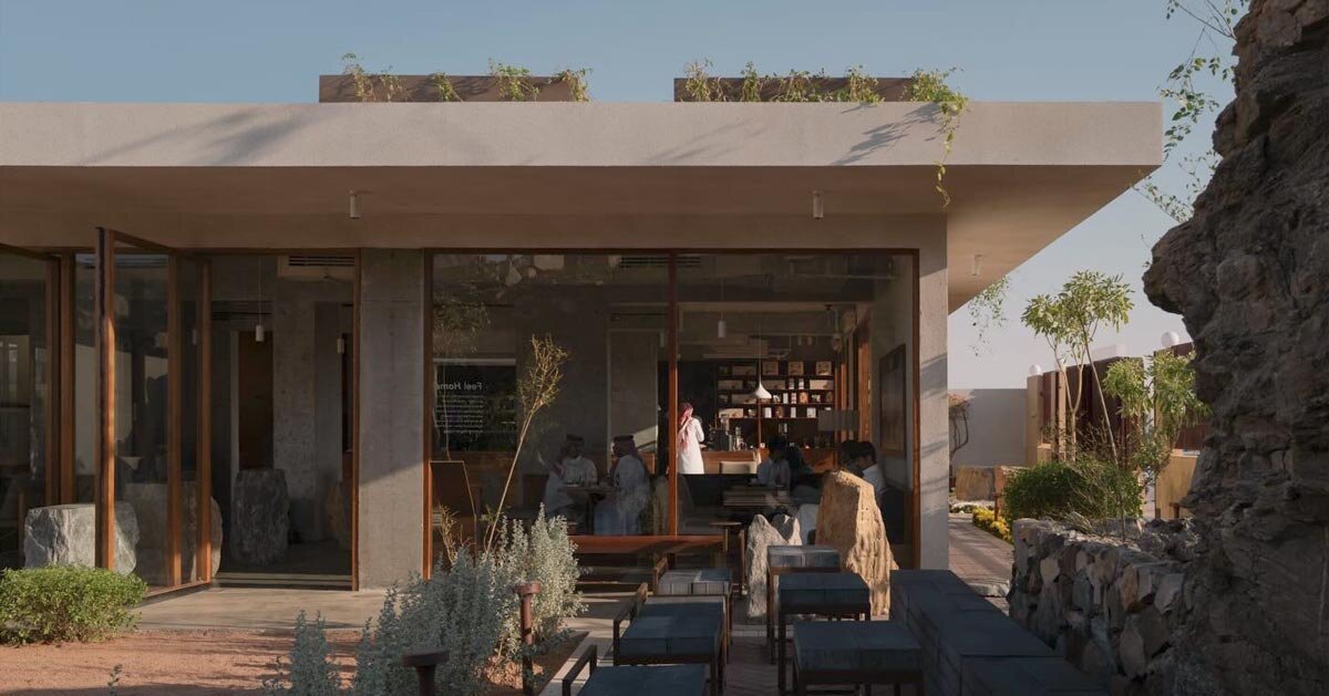 الفناء المفتوح ينظم مقهى منحوت في الصخر في المملكة العربية السعودية