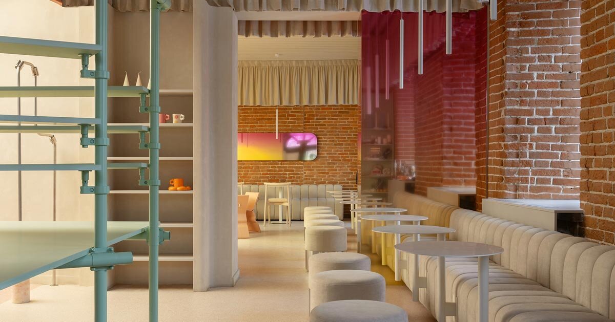 curved pink interiors animate hybrid retail-café space within brick shell 1 curved pink interiors animate hybrid retail-café space within brick shell