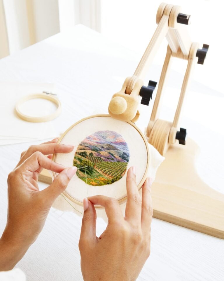a process shot of hands creating a lush landscape embroidery in a light wood hoop by Cassandra Dias