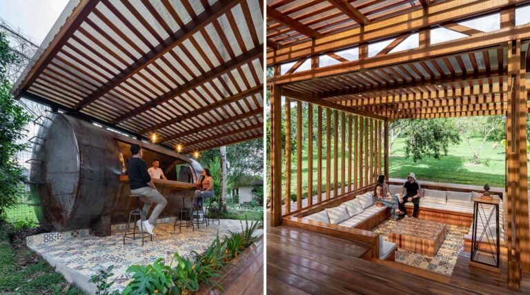 This outdoor pavilion combines a conversation pit and a converted tank to create a flexible space for gatherings and downtime.