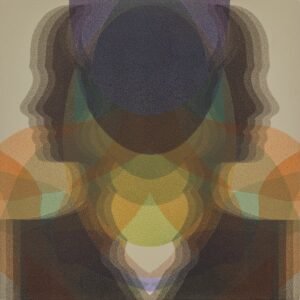 a prismatic, abstract painting by Marina Kappos in acrylic paint with faint, blurry outlines of faces