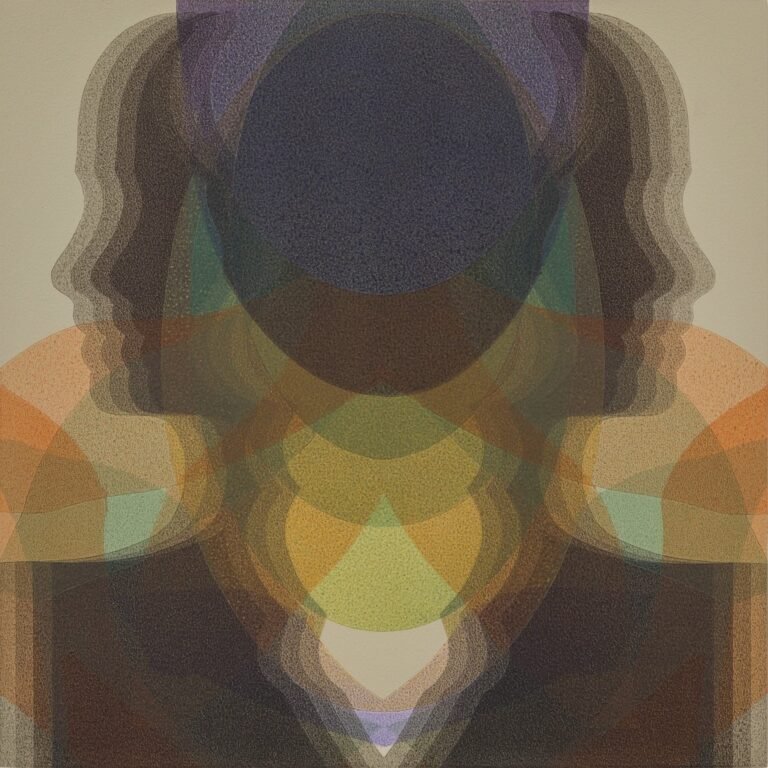 a prismatic, abstract painting by Marina Kappos in acrylic paint with faint, blurry outlines of faces