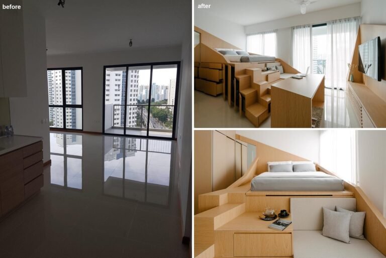 Inside a 462 Sq Ft Apartment That Transforms Around Daily Living 6 A tiny Singapore apartment by Metre Architects transforms 43 square meters into a warm, multi-functional home with custom wood interiors, hidden storage, and a loft-style bed platform.